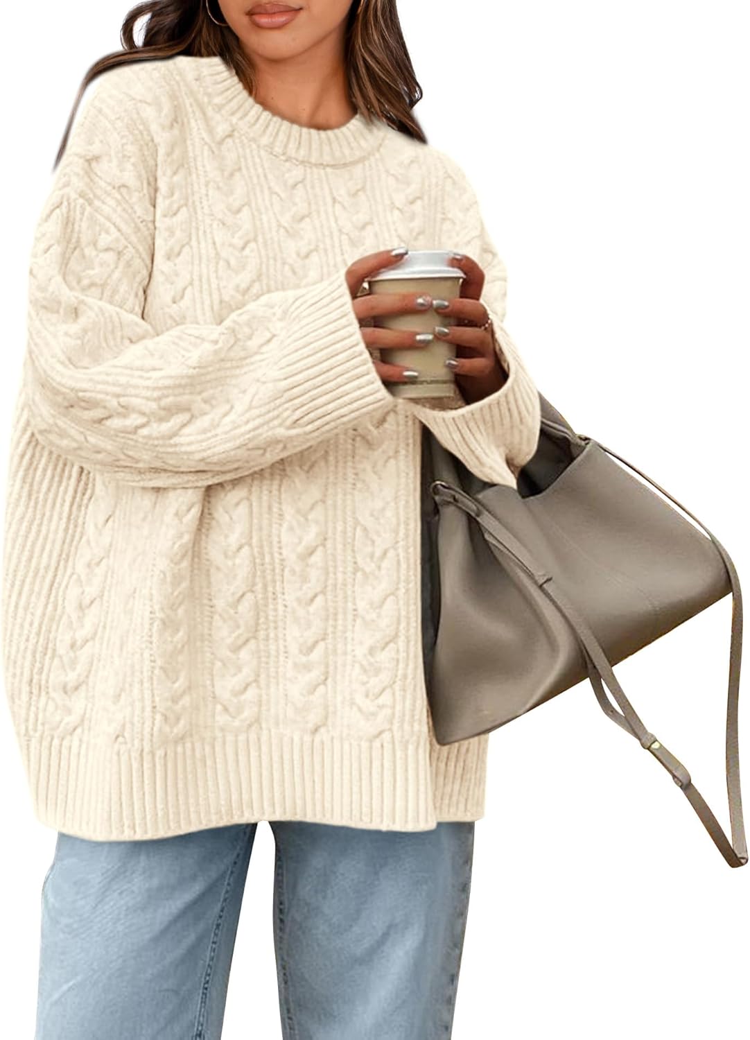 Manufacturer  Okiwam Women's Oversized Sweaters Crewneck Cable Knit Pullover Casual Loose Fall Outfits Fashion Clothes 2025   sweaters