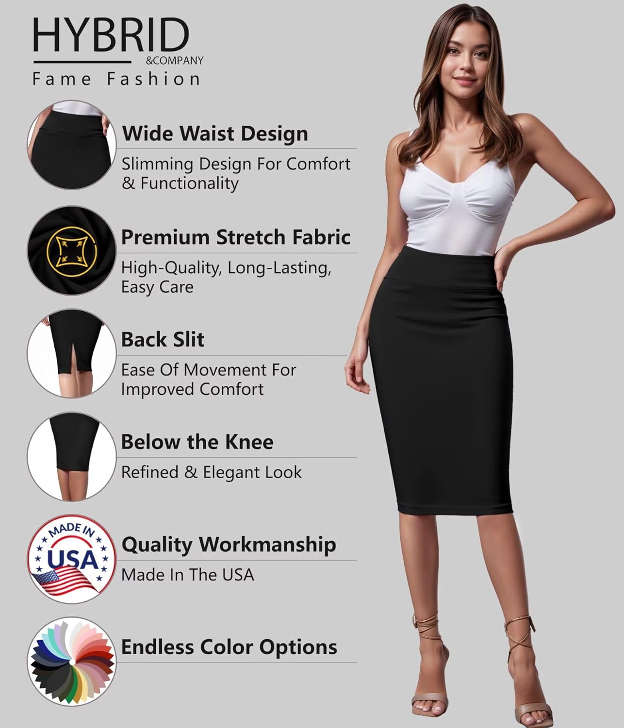 Manufacturer  Hybrid & Company Women's Premium Nylon Ponte Stretch High Waist Pencil Suit Skirts Below Knee