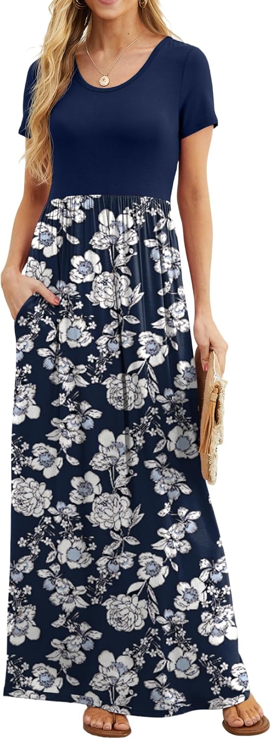 Manufacturer  GRECERELLE Women Summer Crew Neck Casual Short Sleeve Solid Floral Print Long Maxi Dress with Pockets dresses