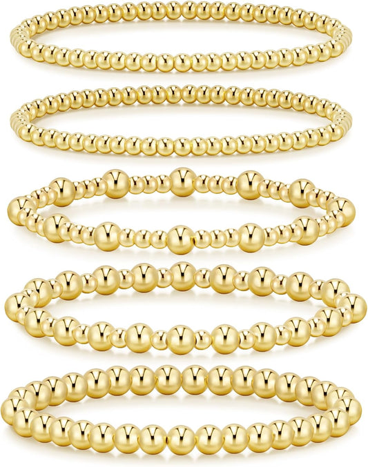 Manufacturer  adoyi Gold Bracelets for Women Waterproof, 14K Gold Plated Beaded Strand Bead Ball Bracelets stack Adjustable Jewelry Set for Gifts  bracelets