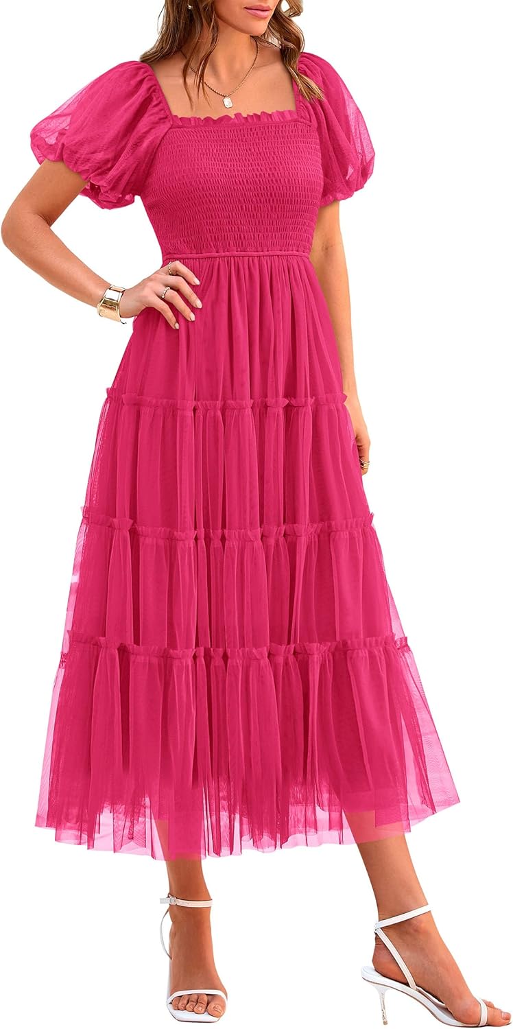 Manufacturer  PRETTYGARDEN Women's Smocked Midi Tulle Dress 2025 Summer Puffy Short Sleeve Square Neck Ruffle Wedding Guest Party Dresses dresses