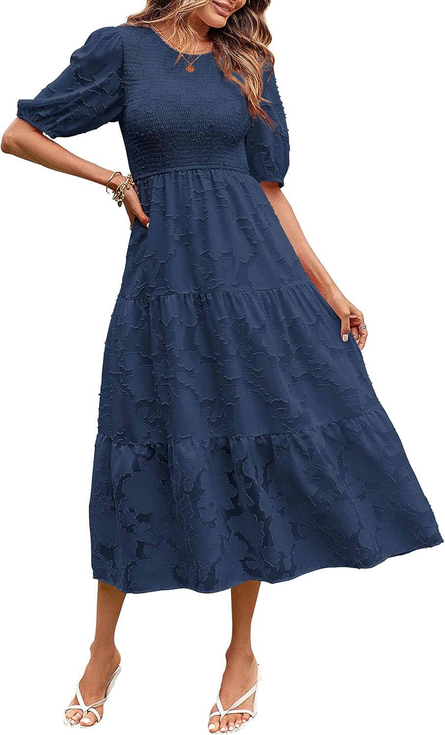 Manufacturer  MEROKEETY Women's  Summer Puff Sleeve Smocked Floral Dress Crewneck Lace Flowy Tiered Midi Dresses dresses