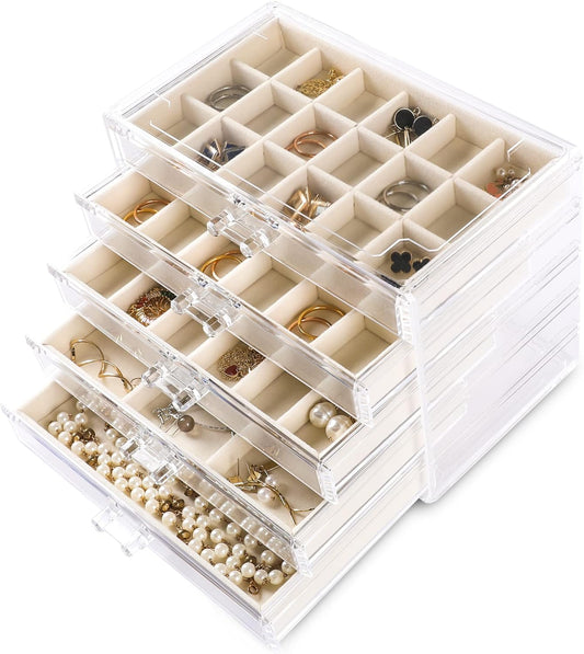 Manufacturer  Frebeauty Acrylic Jewelry Organizer Earring Organizer Box with 5 Drawers Earring Holder Organizer with Velvet Trays Clear Jewelry Box for Women Earring Display for Rings Studs(Beige)   rings