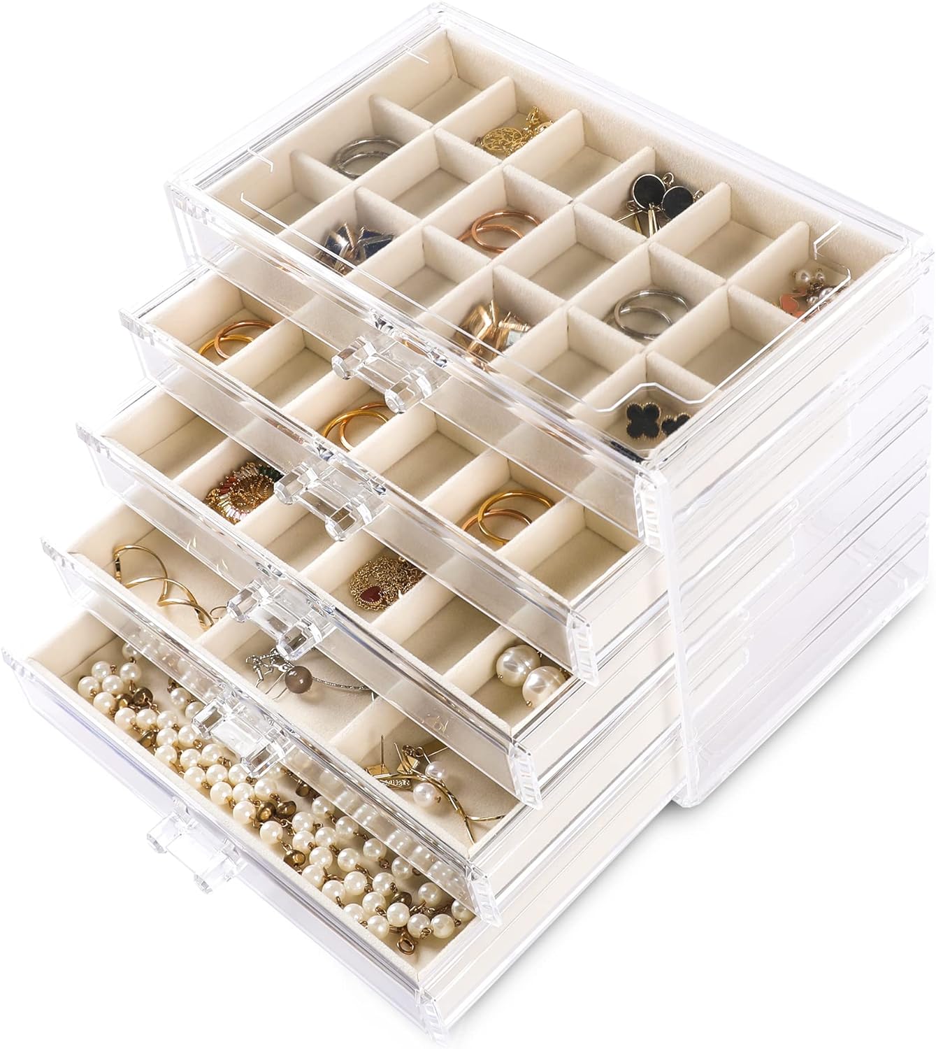 Manufacturer  Frebeauty Acrylic Jewelry Organizer Earring Organizer Box with 5 Drawers Earring Holder Organizer with Velvet Trays Clear Jewelry Box for Women Earring Display for Rings Studs(Beige)   rings