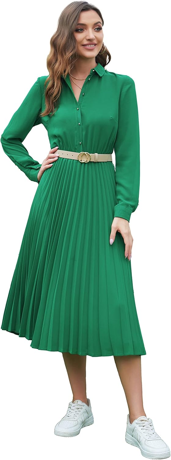 Manufacturer  Business Casual Shirt Dress for Women Long Sleeves Pleated Midi Dresses with Belt dresses