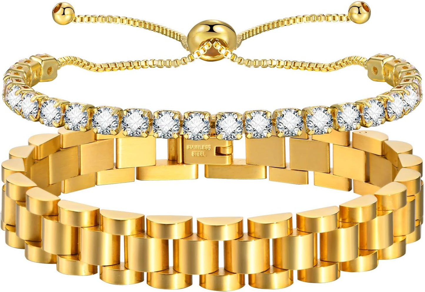 Manufacturer  MPRAINBOW 2pcs Gold Chain Link Bracelet, Stainless Steel Crystal Friendship Bracelets Bangle,Watch Band Chains Wristband Jewelry with Adjust Tool  bracelets