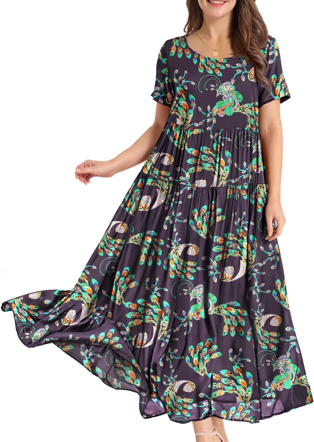 Manufacturer  YESNO Women Casual Loose Bohemian Floral Dress with Pockets Short Sleeve Long Maxi Summer Beach Swing Dress EJF dresses