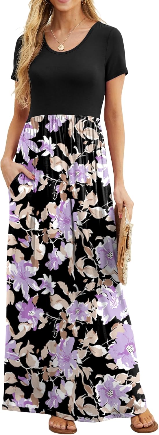 Manufacturer  GRECERELLE Women Summer Crew Neck Casual Short Sleeve Solid Floral Print Long Maxi Dress with Pockets dresses