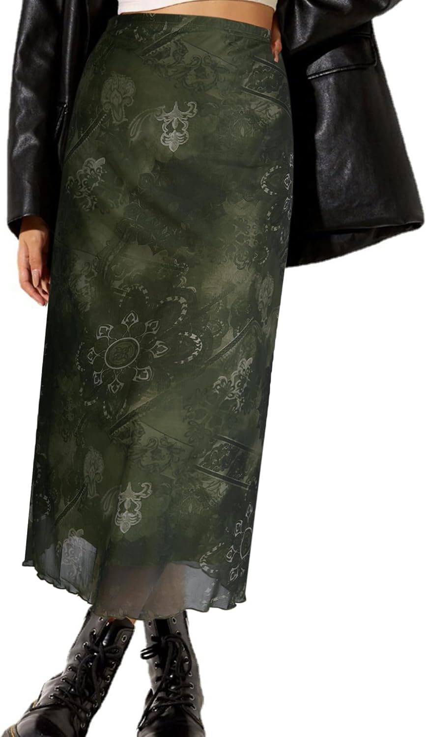 Manufacturer  Avanova Women Mesh Floral Boho High Waist Midi Skirt Lettuce Trim Summer A Line Skirts