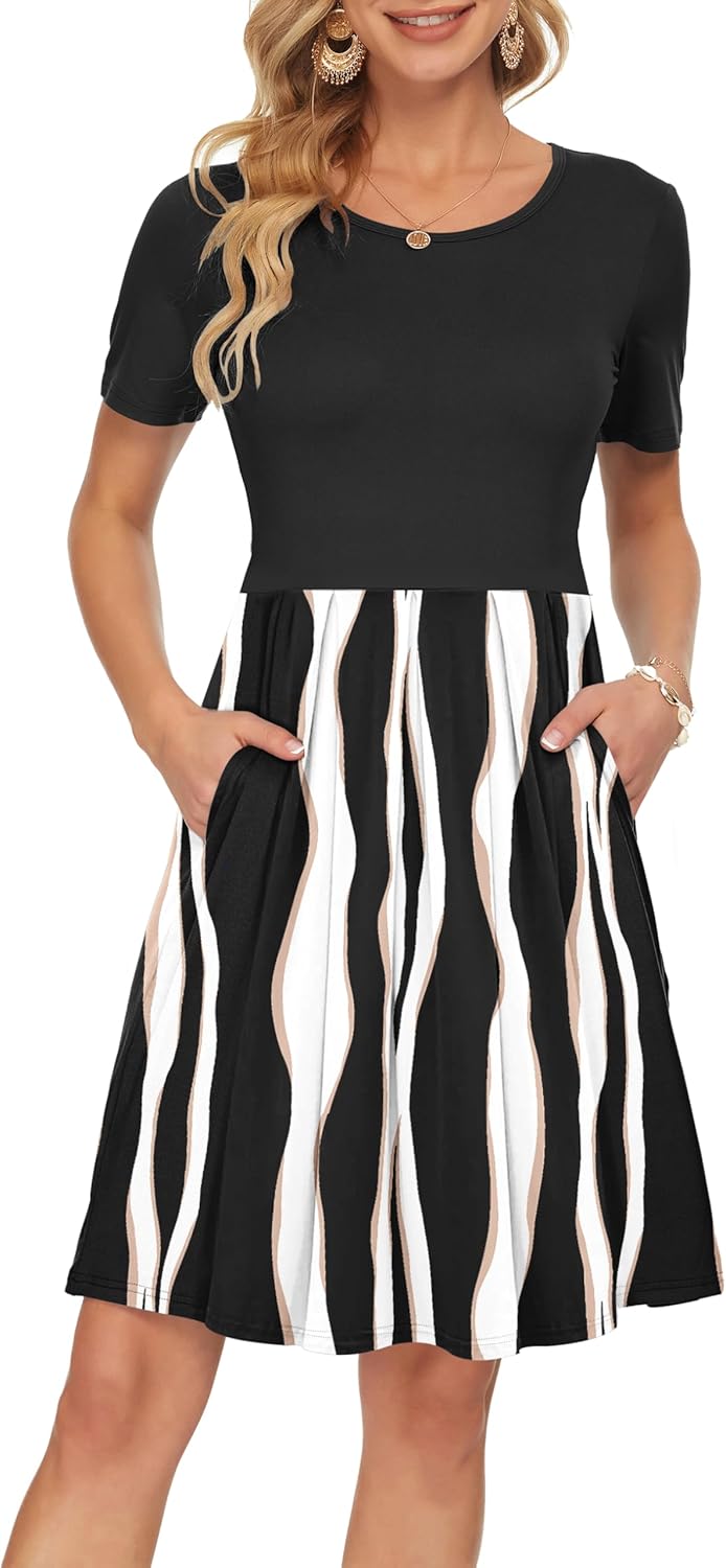 Manufacturer  AUSELILY Women's Short Sleeve Summer Dress Pleated Loose Swing Knee Length Dresses with Pockets  New dresses