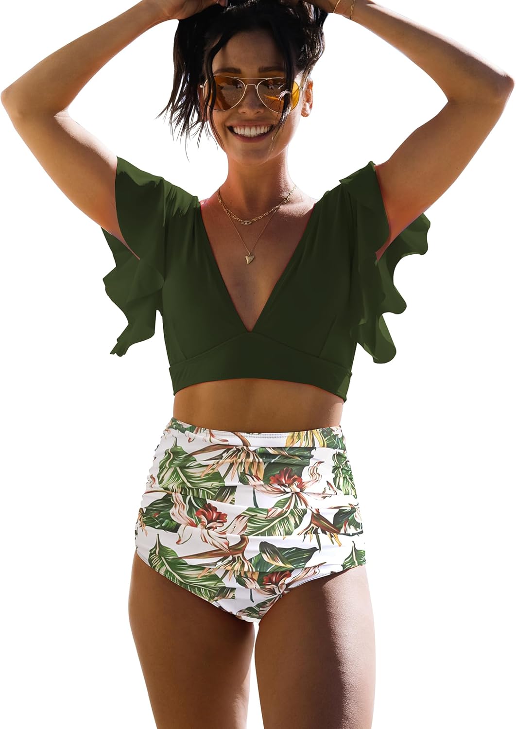 Manufacturer  SPORLIKE Women Ruffle High Waist Swimsuit Two Pieces Push Up Tropical Print Bikini  Swimsuit
