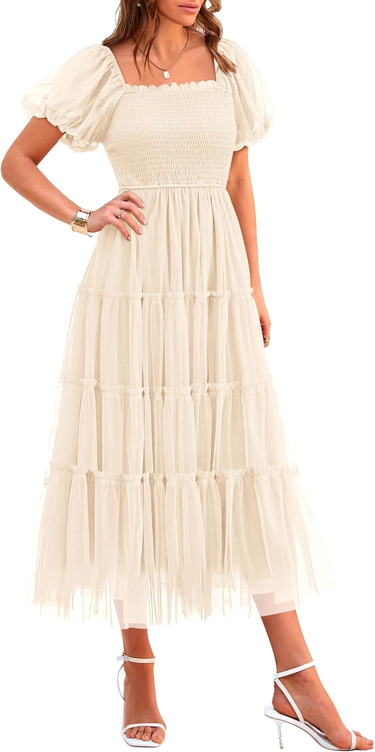 Manufacturer  PRETTYGARDEN Women's Smocked Midi Tulle Dress 2025 Summer Puffy Short Sleeve Square Neck Ruffle Wedding Guest Party Dresses dresses