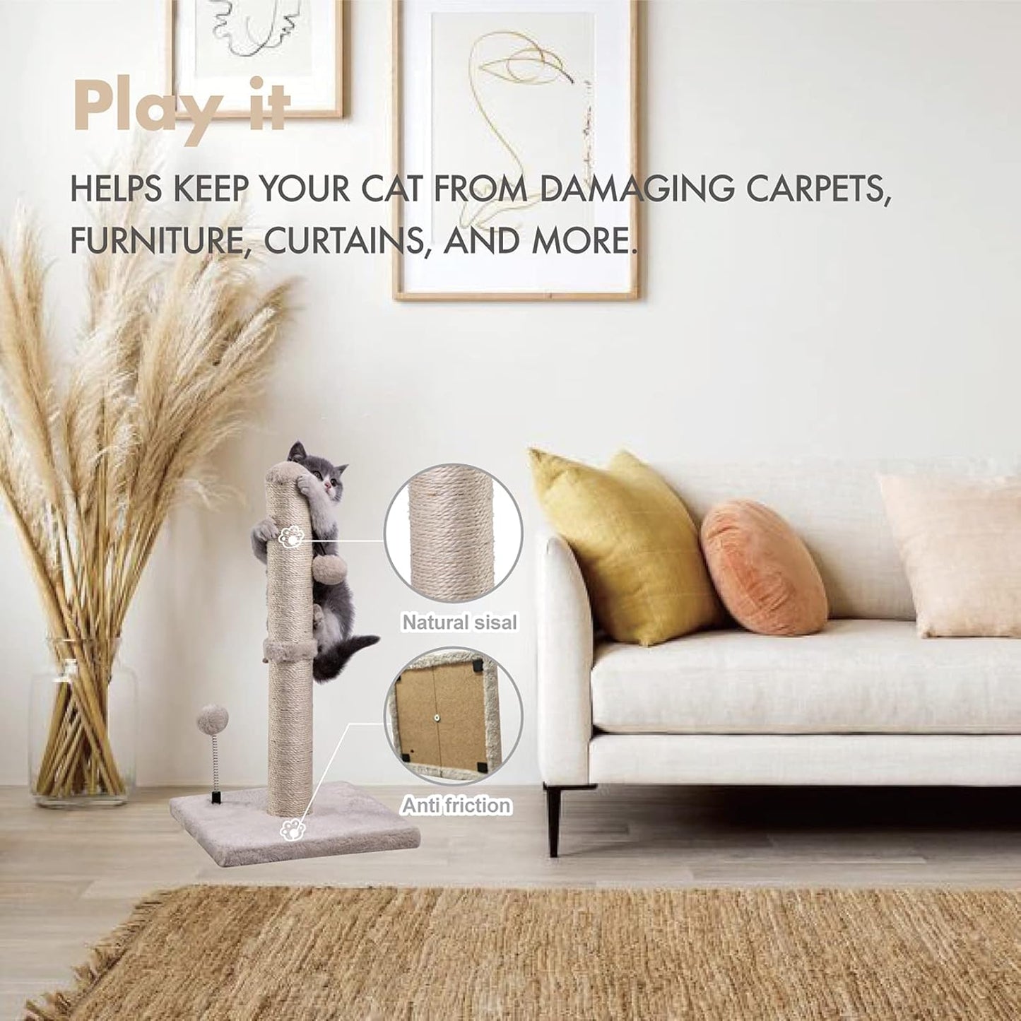 Manufacturer  MECOOL Cat Scratching Post Premium Basics Kitten Scratcher Sisal Scratch Posts with Hanging Ball 22in for Kittens or Smaller Cats (22 inches for Kitten, Beige)    Cat toy