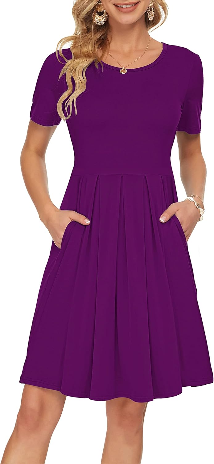 Manufacturer  AUSELILY Women's Short Sleeve Summer Dress Pleated Loose Swing Knee Length Dresses with Pockets  New dresses