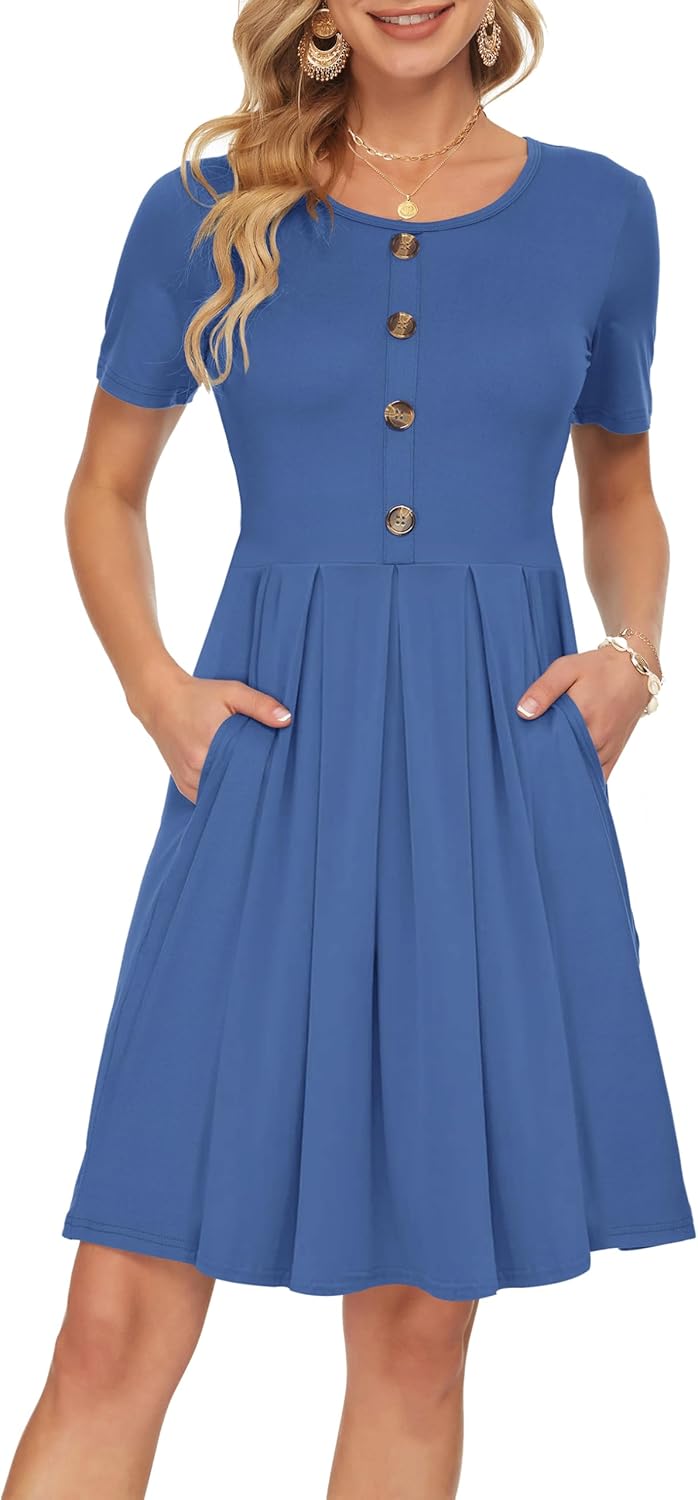 Manufacturer  AUSELILY Women's Short Sleeve Summer Dress Pleated Button Down Knee Length Dresses with Pockets New dresses