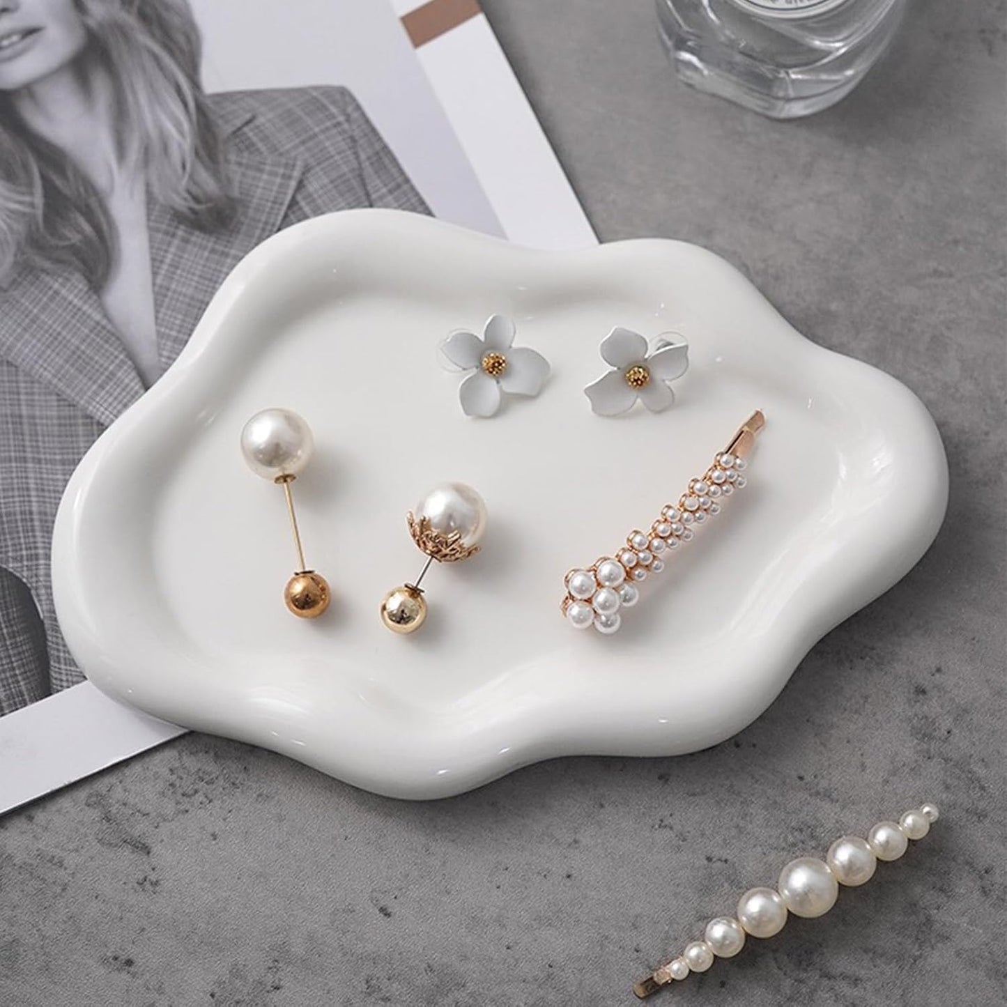 Manufacturer  Small Jewelry Dish for Women, Gifts for Mom, Ceramic Jewlery Tray Ring Holder, Vanity Ring Dish Cute Cloud Tray, Nightstand Decor Trinket Bowl for Earrings, Perfume, Keys, White Jewelry Plate   rings