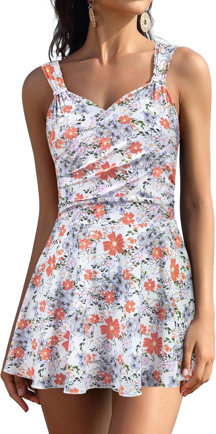 Manufacturer  SHEKINI Womens Elegant One Piece Swimdress Tummy Control Crossover Skirted Swimsuit  Swimsuit