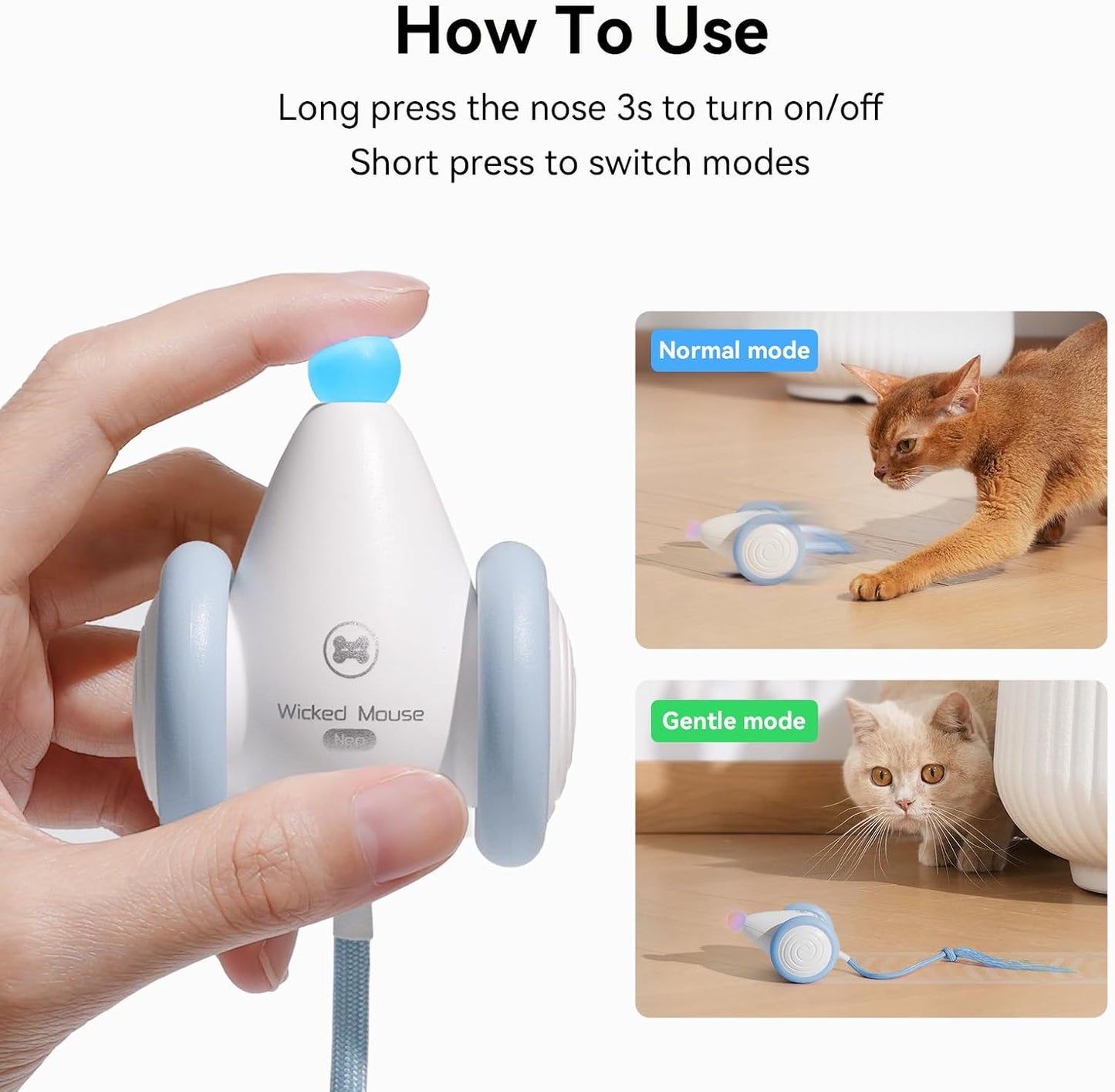 Manufacturer  Cheerble Interactive Cat Toys for Indoor Cats, Automatic Moving Kitten Toys, Wicked Mouse Neo Cat Toy with Tail & Lights, Pet Cat Supplies, Rechargeable Cat Toys for Bored Indoor Adult Cats,Blue    Cat toy