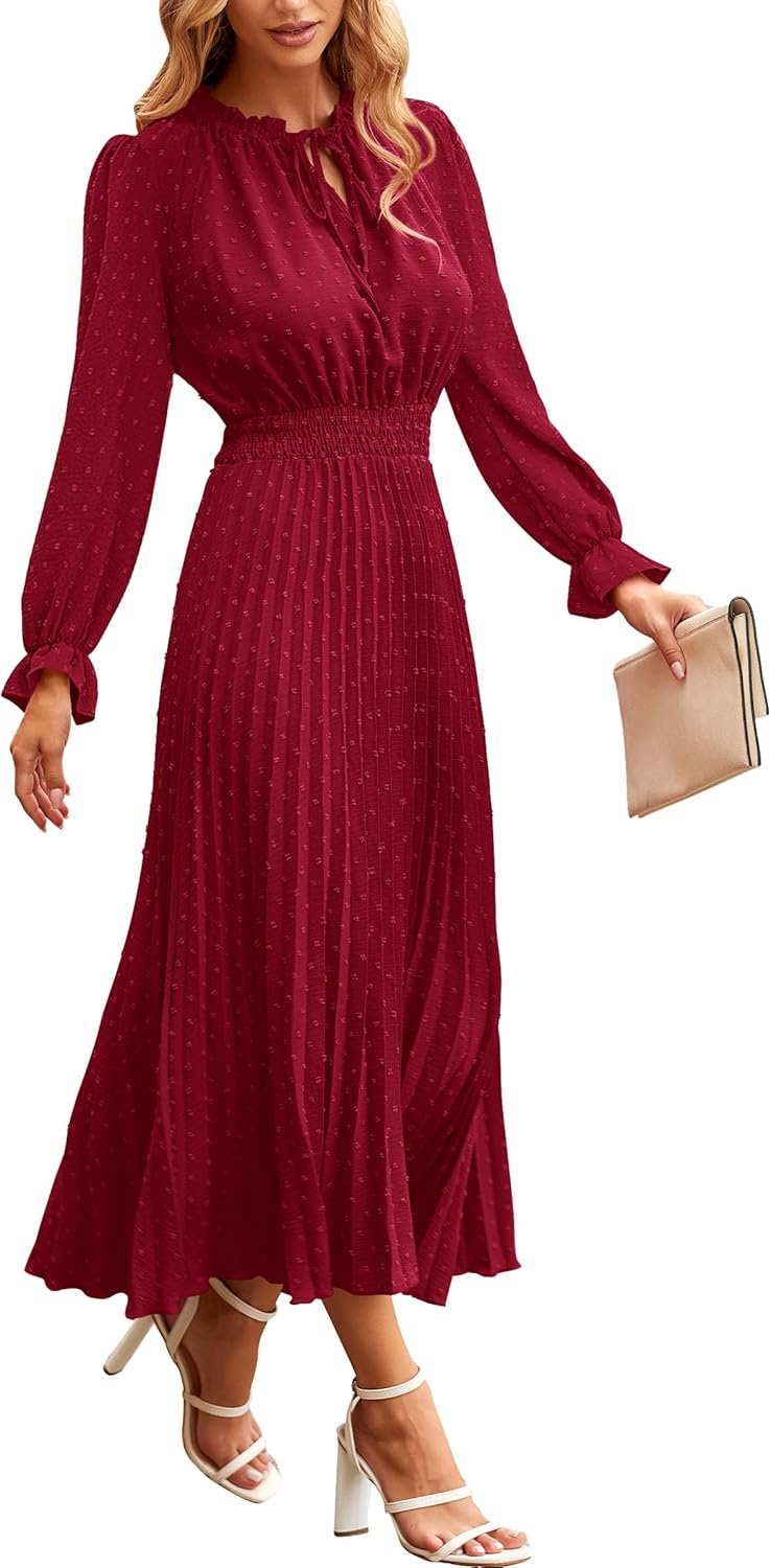 Manufacturer PRETTYGARDEN Women's  Spring Fall Midi Dress Casual Long Sleeve V Neck Swiss Dot Pleated A Line Flowy Dresses