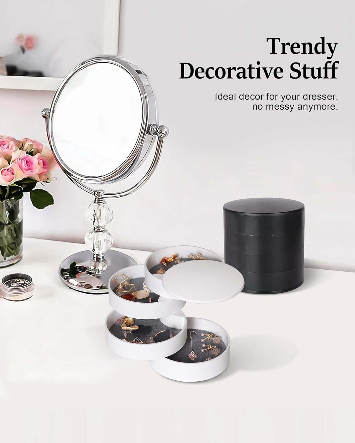 Manufacturer  CONBOLA Jewelry Organizer, Small Jewelry Storage Box Earring Holder for Women, 5-Layer Rotating Travel Jewelry Tray Case with Lid for Bracelets Rings Bracelets, Gift for Women Teen Girls(White)   rings