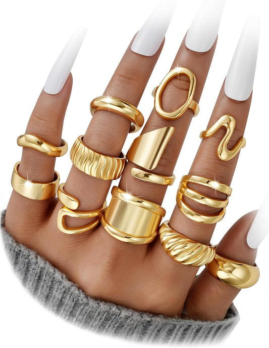 Manufacturer  12 PCS Chunky Gold Stackable Rings for Women Non Tarnish, 18K Gold Plated Statement Open Stacking Rings, Knuckle Band Ring Set   rings