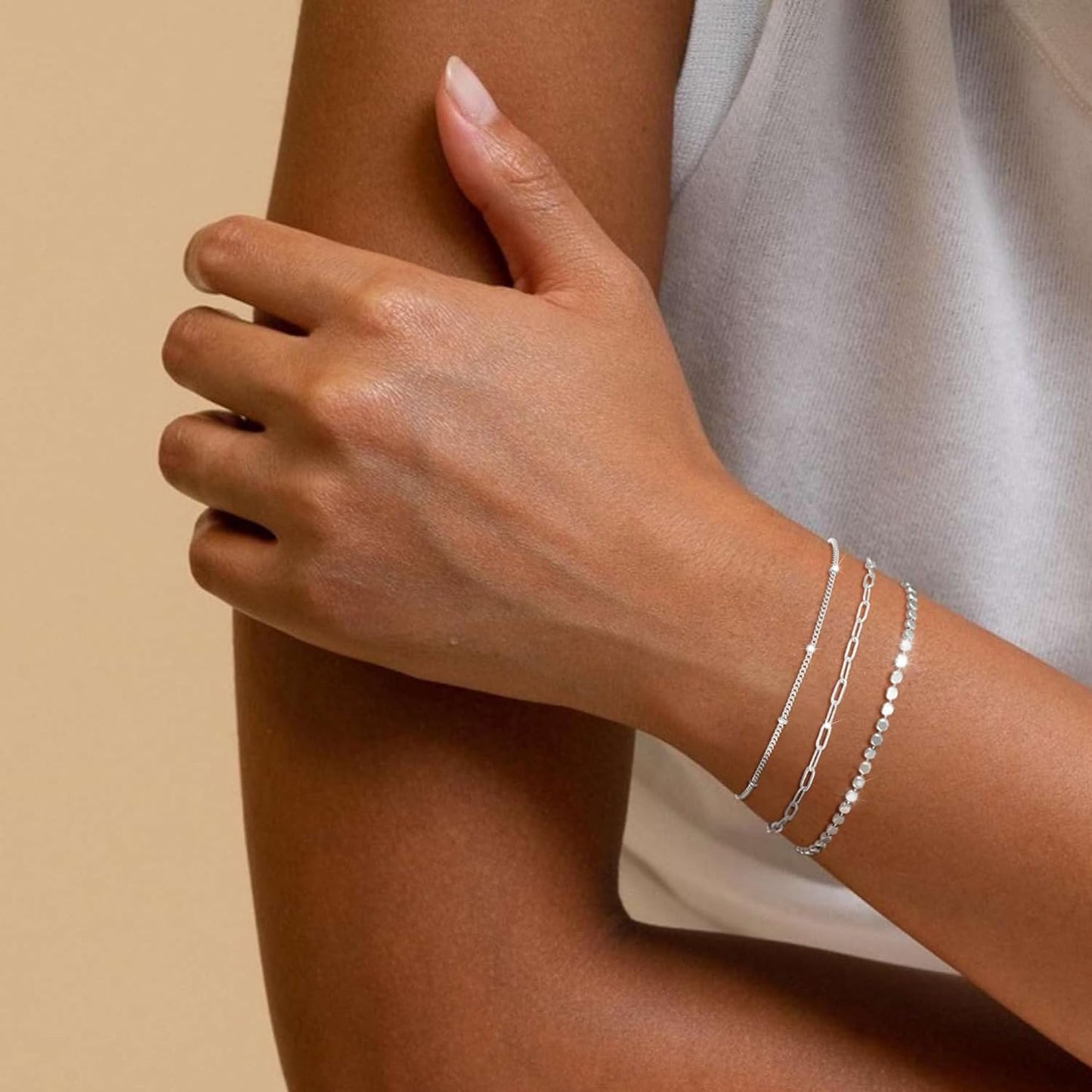 Manufacturer  MBW Silver Bracelet Set - Dainty 14K Silver Bracelets, Waterproof, Trendy Minimalist, Small Thin Bracelets for Women, Gift  bracelets