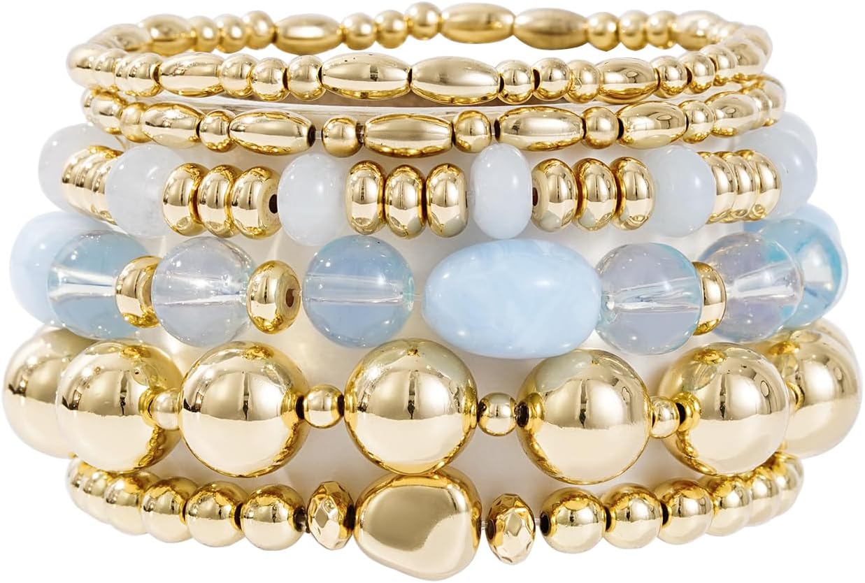 Manufacturer  Gold Beaded Bracelets for Women Trendy, 14K Gold Plated Stack Cross Pearl Gold Bead Stretch Bracelets Set Elastic Hypoallergenic Bracelets Jewelry Gifts  bracelets