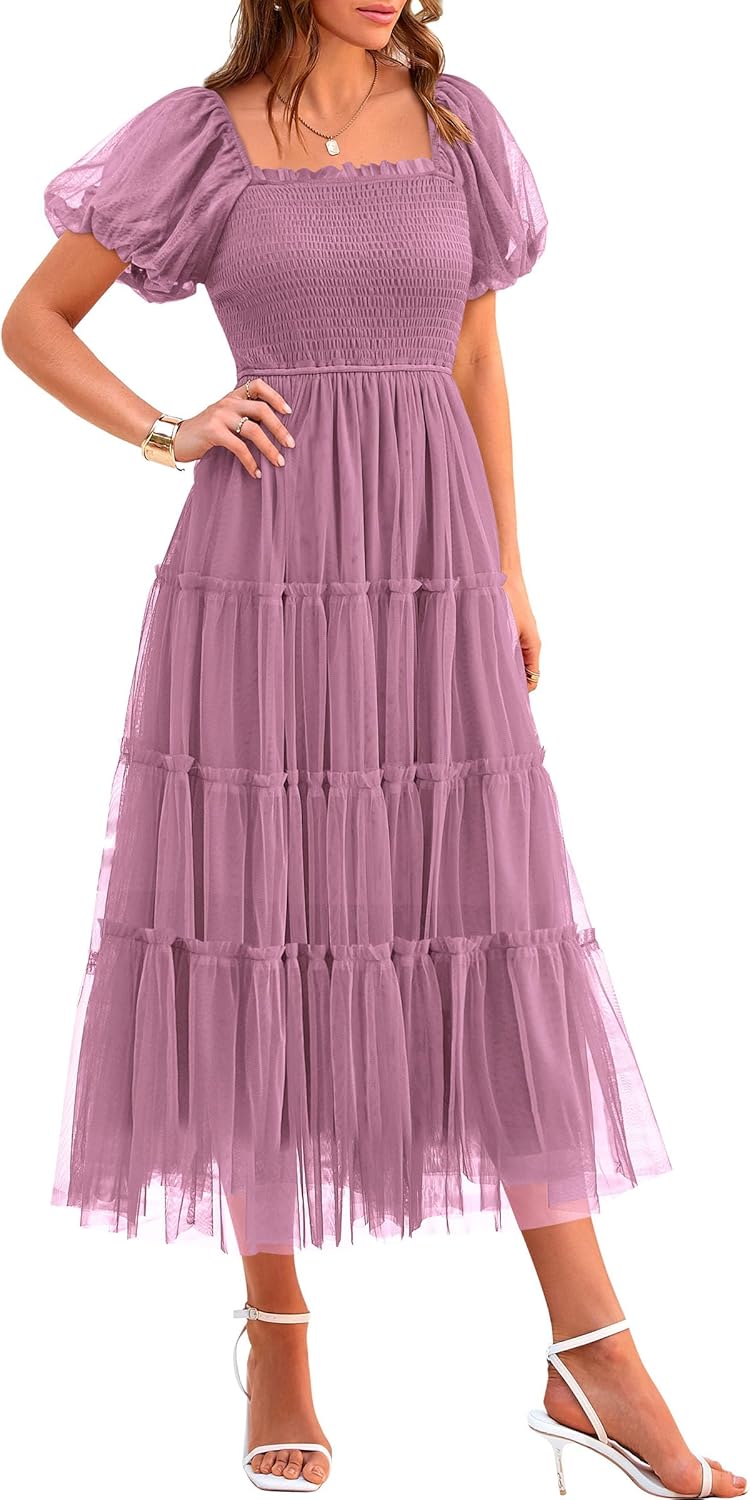 Manufacturer  PRETTYGARDEN Women's Smocked Midi Tulle Dress 2025 Summer Puffy Short Sleeve Square Neck Ruffle Wedding Guest Party Dresses dresses