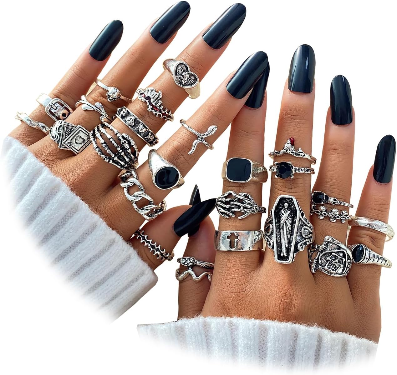 Manufacturer  IFKM Vintage Silver Knuckle Rings Set for Women, Stackable Joint Finger Statement Rings Bohemian Retro Hollow Carved Midi Rings, Boho Halloween Skeleton Skull Snake Heart Chunky Stacking Rings Pack   rings