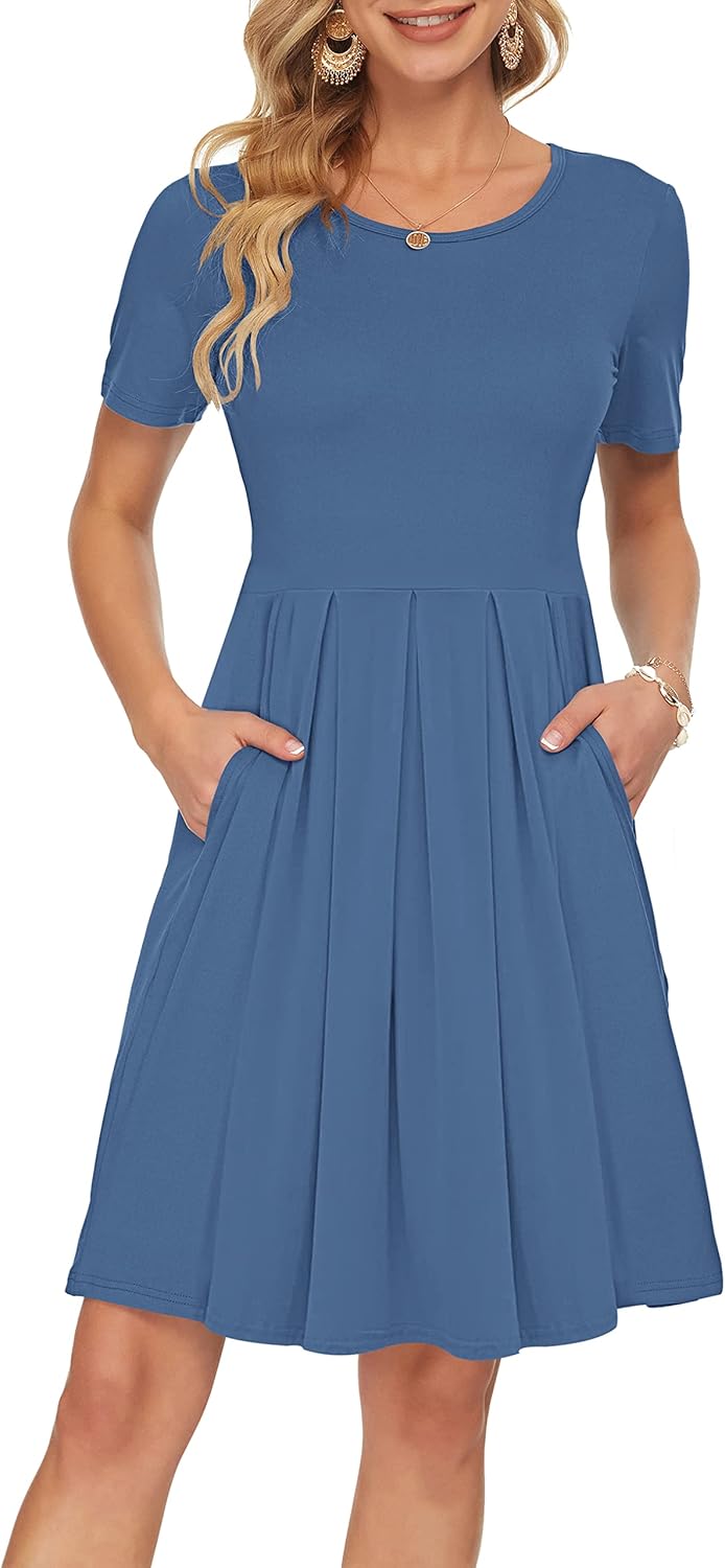 Manufacturer  AUSELILY Women's Short Sleeve Summer Dress Pleated Loose Swing Knee Length Dresses with Pockets  New dresses