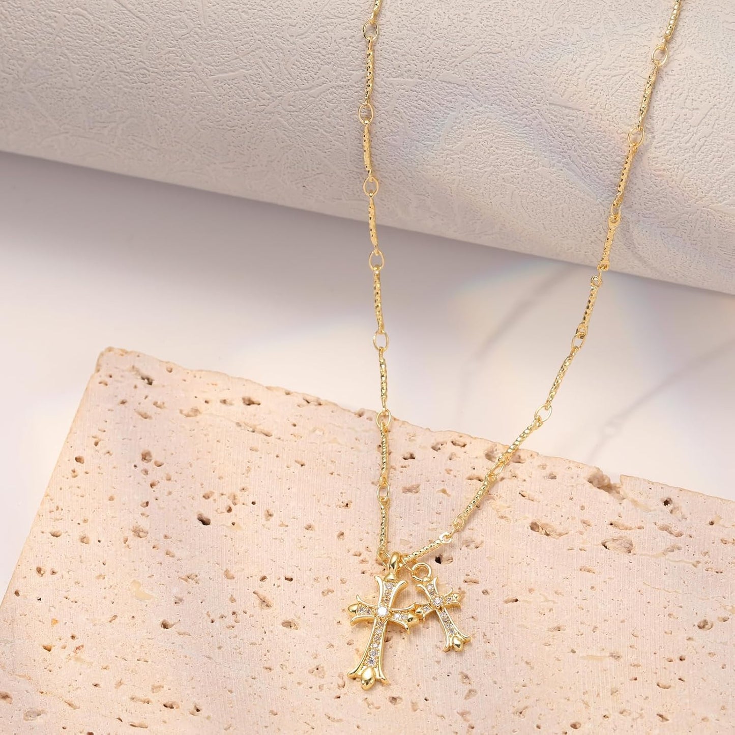Manufacturer  Cross Necklace 14K Gold/Silver Plated Double Cross Pendant Necklace Dainty Diamond Cross Charm Link Chain Choker Delicate Faith Jewelry Religious Gifts for Women  necklace