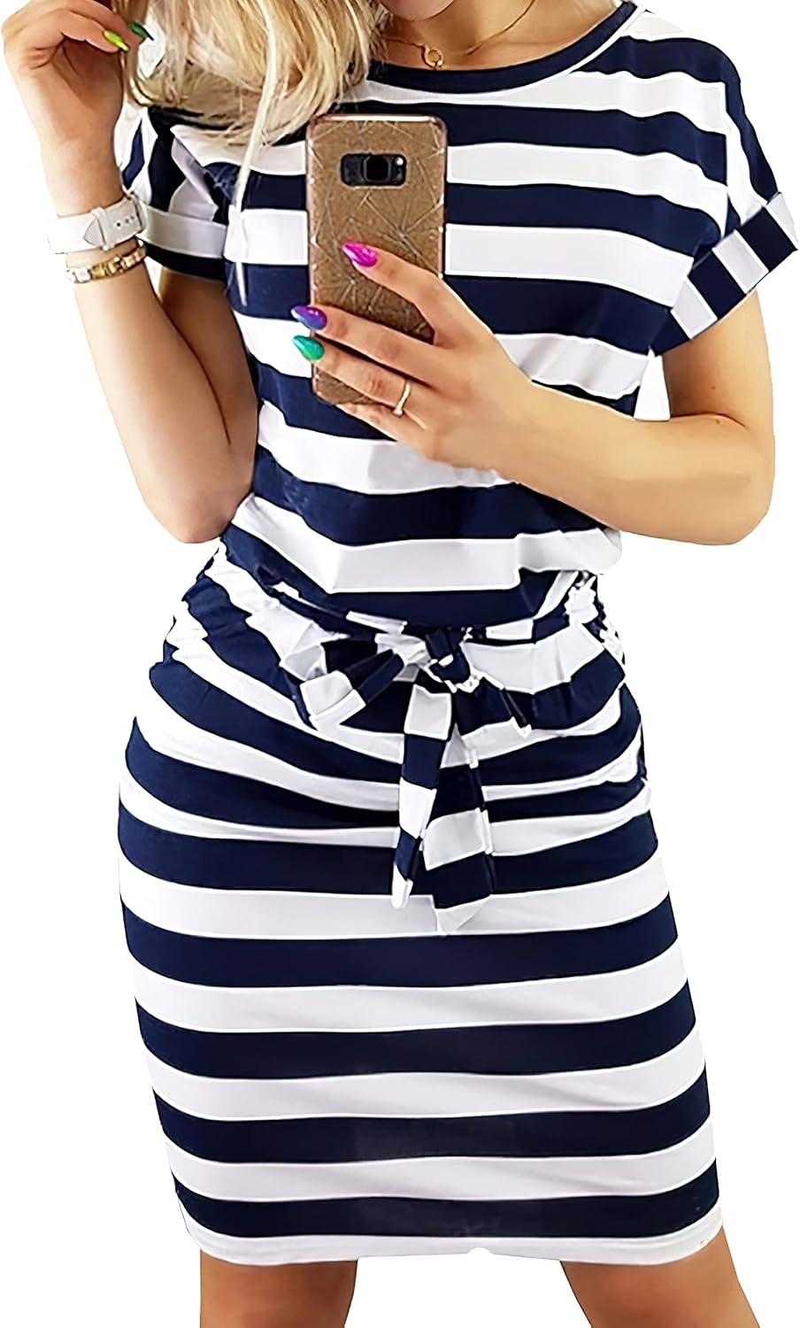 Manufacturer  PRETTYGARDEN Women's Summer Short Sleeve Crewneck Striped Dress Basic Solid Tie Waist Office T Shirt Dresses Pockets dresses
