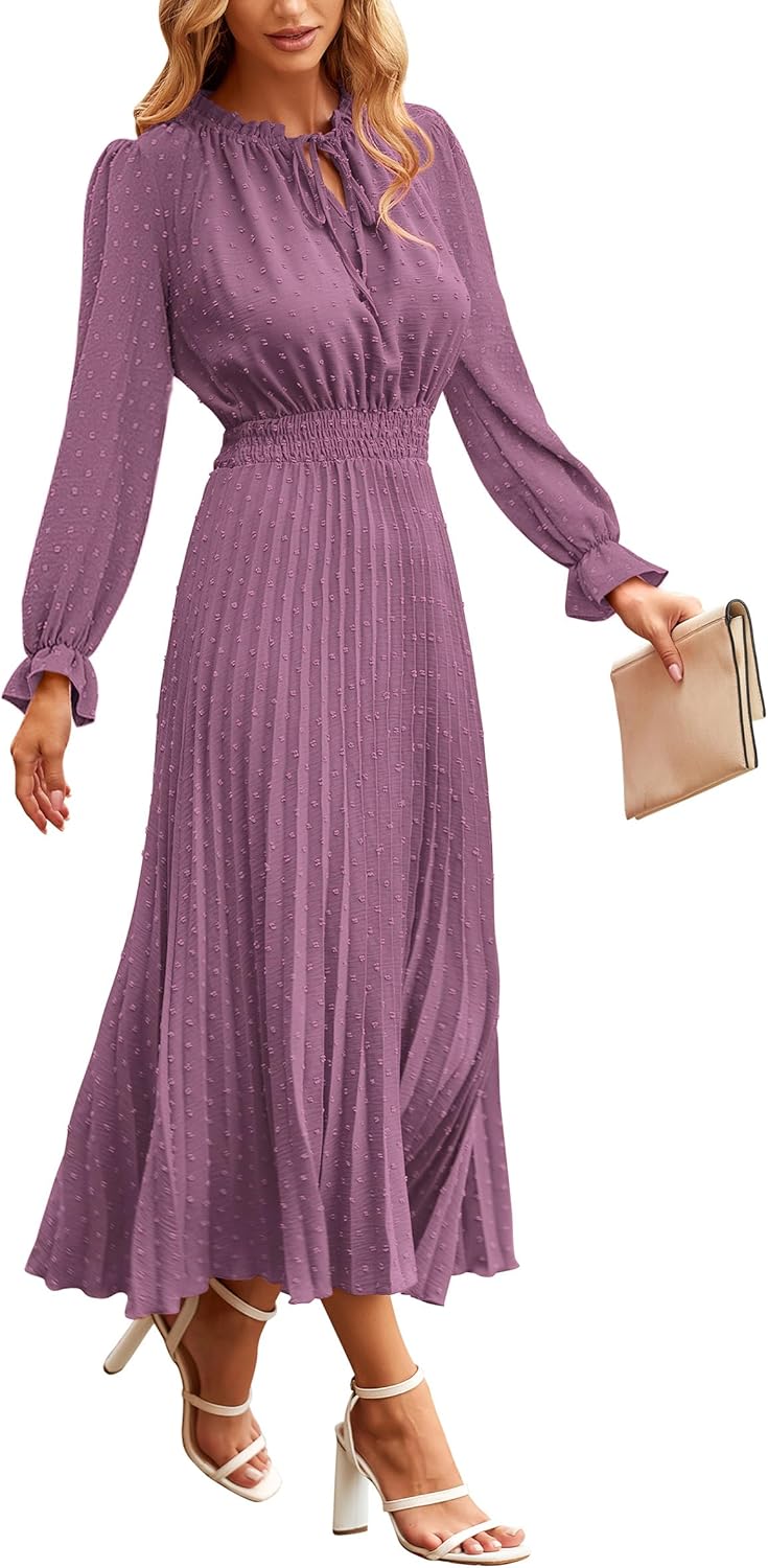 Manufacturer PRETTYGARDEN Women's  Spring Fall Midi Dress Casual Long Sleeve V Neck Swiss Dot Pleated A Line Flowy Dresses