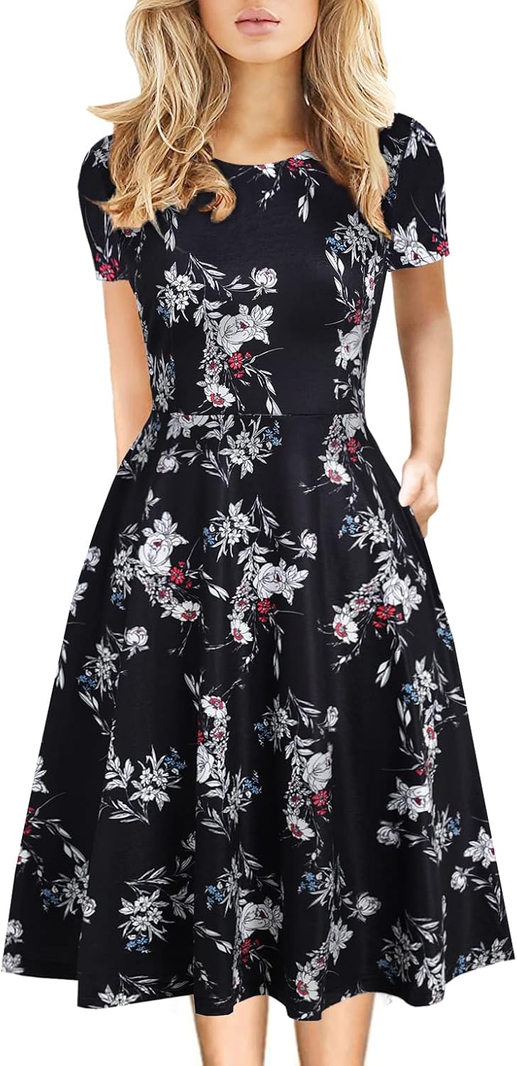 Manufacturer Women's Elegant Knee Length Dresses Vintage 50s Office Casual Floral Print Work Party A-Line Swing Dresses with Pockets 162