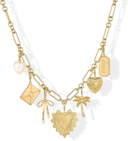 Manufacturer  PAVOI 14K Gold Plated Chunky Charm Necklace Pack for Women | Statement Paperclip Chain Necklaces with Removable Charms | Heart Palm Tree Bow Pearl Love Friendship Necklace  Necklace