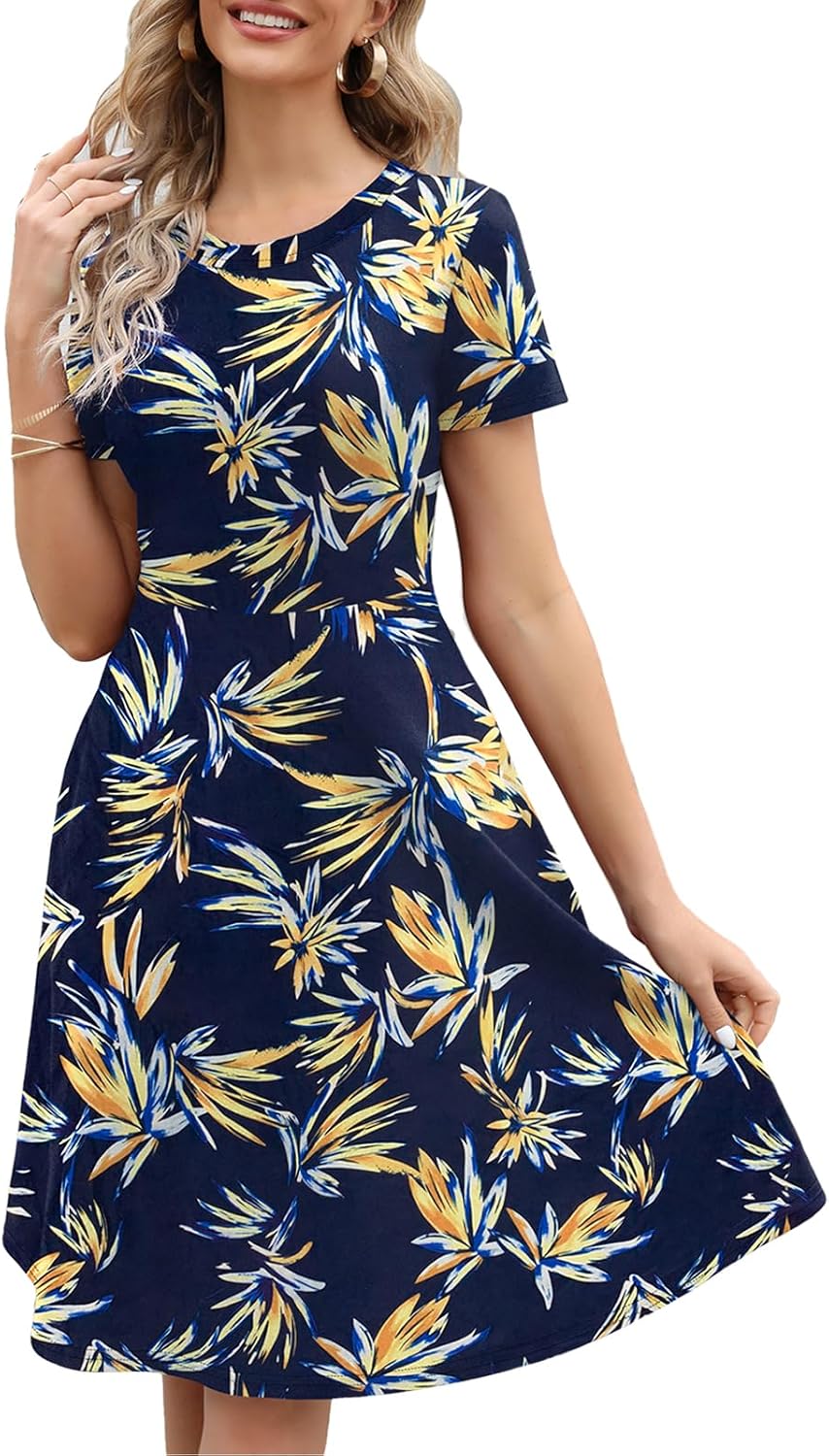 Manufacturer Women's Elegant Knee Length Dresses Vintage 50s Office Casual Floral Print Work Party A-Line Swing Dresses with Pockets 162