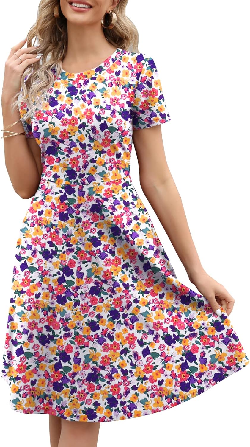 Manufacturer Women's Elegant Knee Length Dresses Vintage 50s Office Casual Floral Print Work Party A-Line Swing Dresses with Pockets 162