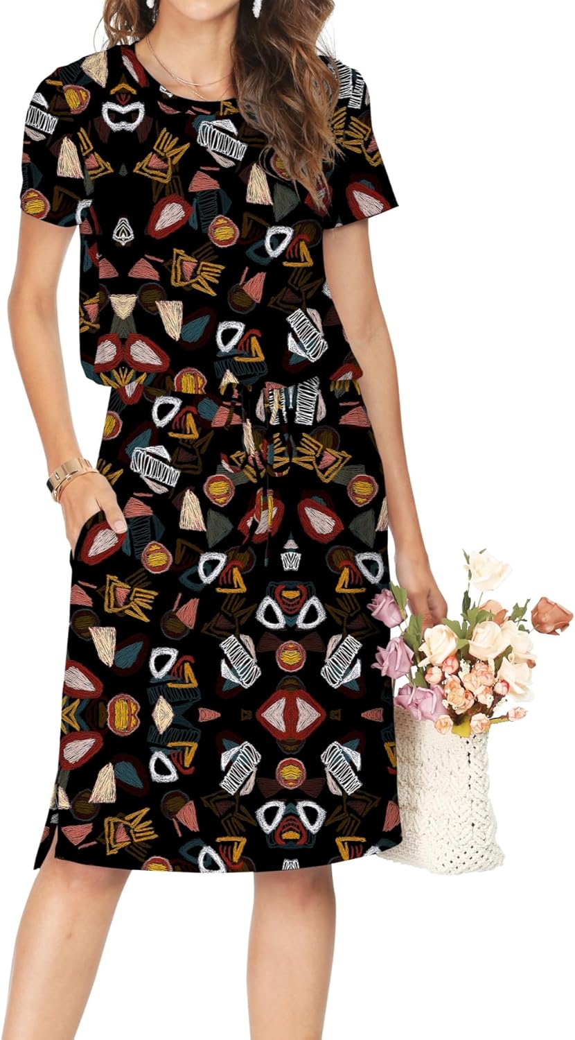 Manufacturer  Simier Fariry Womens Summer Hide Belly Knee Length Travel Dress Pocket Short Sleeve Midi Work Casual Teacher Outfit dresses