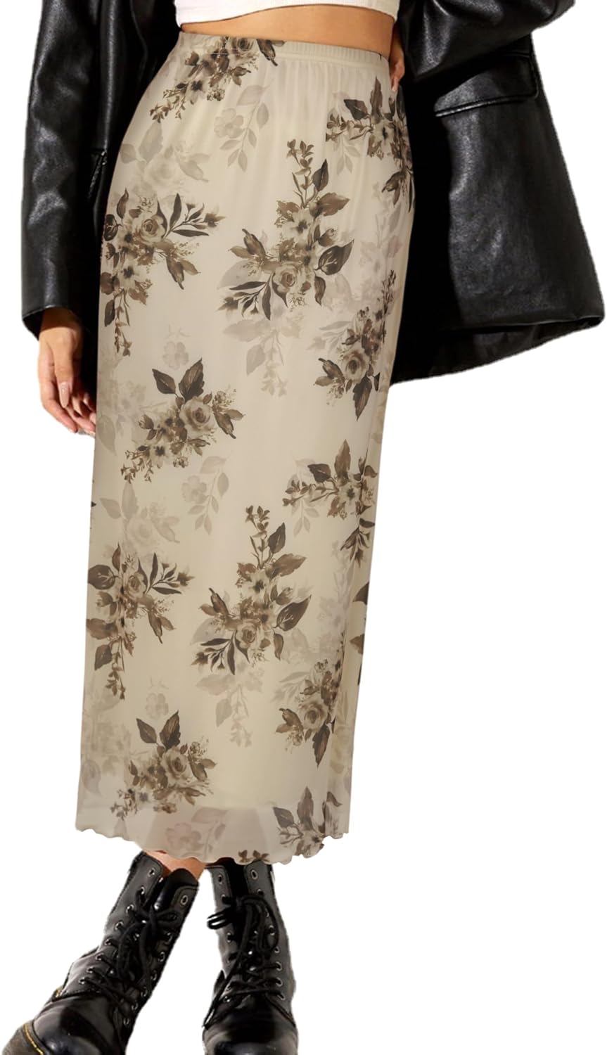 Manufacturer  Avanova Women Mesh Floral Boho High Waist Midi Skirt Lettuce Trim Summer A Line Skirts