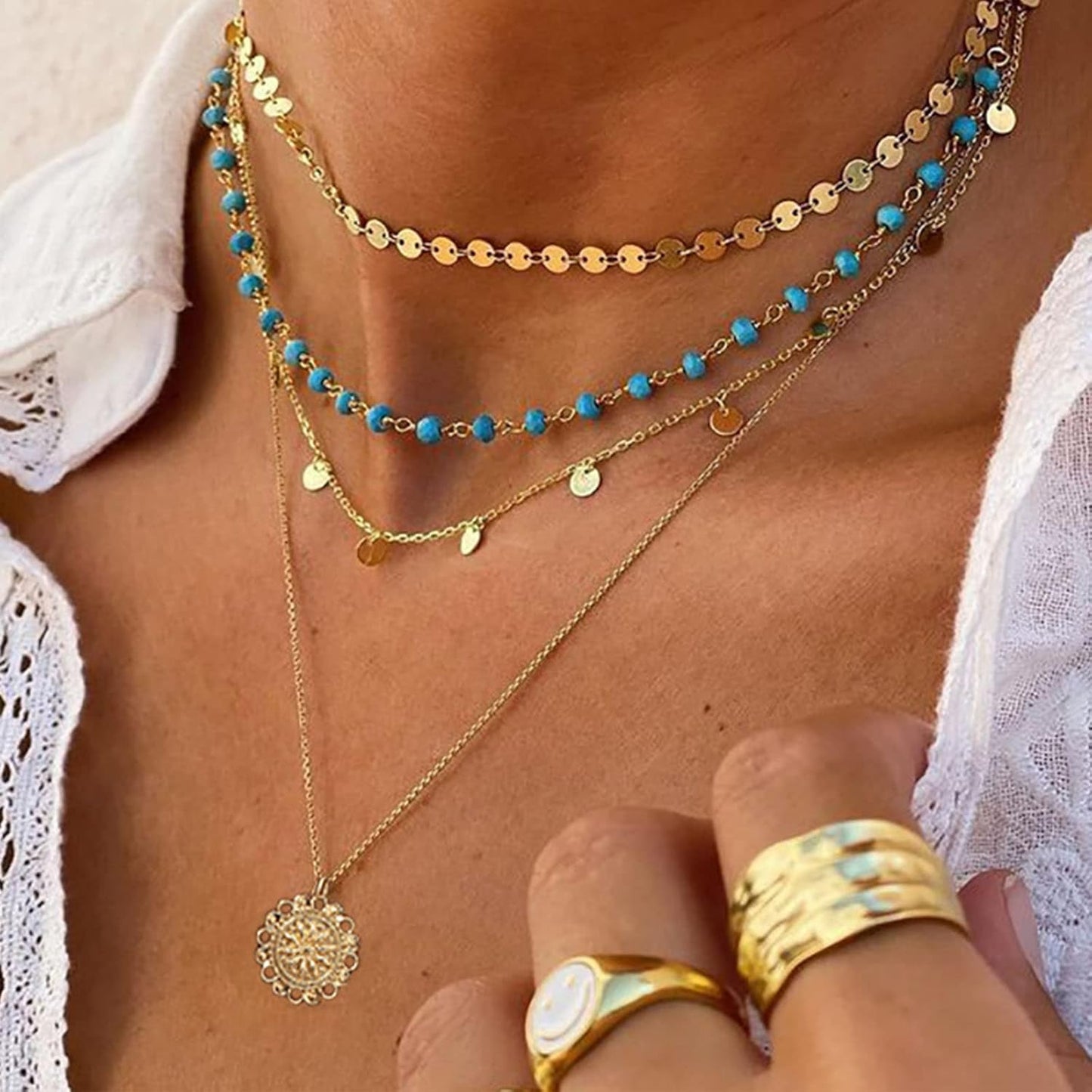 Manufacturer  Gold Layered Turquoise Necklace for Women Multi Boho Long Necklace Bohemian Coin Pendant Necklaces Jewelry  necklace