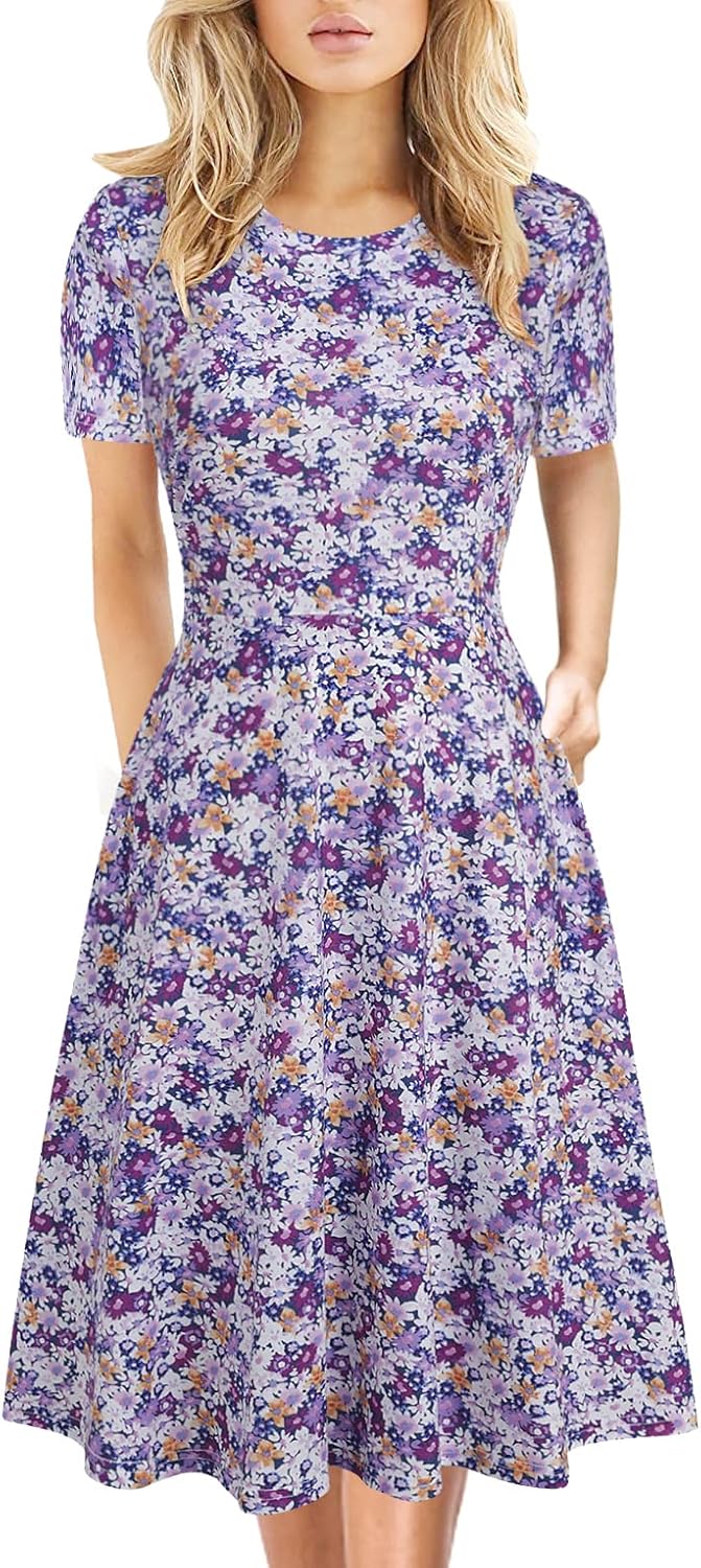 Manufacturer Women's Elegant Knee Length Dresses Vintage 50s Office Casual Floral Print Work Party A-Line Swing Dresses with Pockets 162