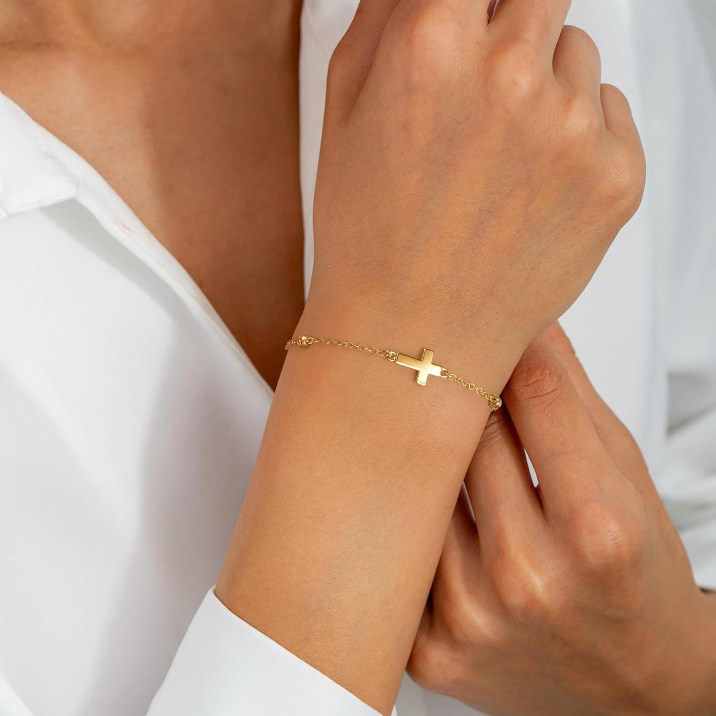 Manufacturer  Turandoss Gold Cross Bracelets for Women - 14K Gold Plated Satellite Bead CZ Pearl Holy Mary Medal Cross Bracelet Dainty Bracelets for Women Faith Jewelry Christian Baptism Religious Gifts  bracelets