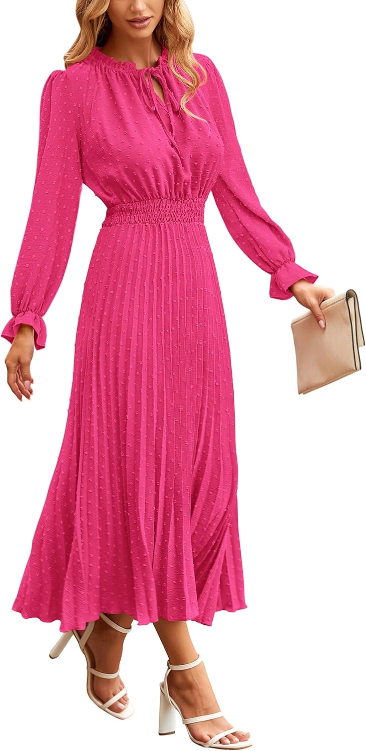 Manufacturer PRETTYGARDEN Women's  Spring Fall Midi Dress Casual Long Sleeve V Neck Swiss Dot Pleated A Line Flowy Dresses