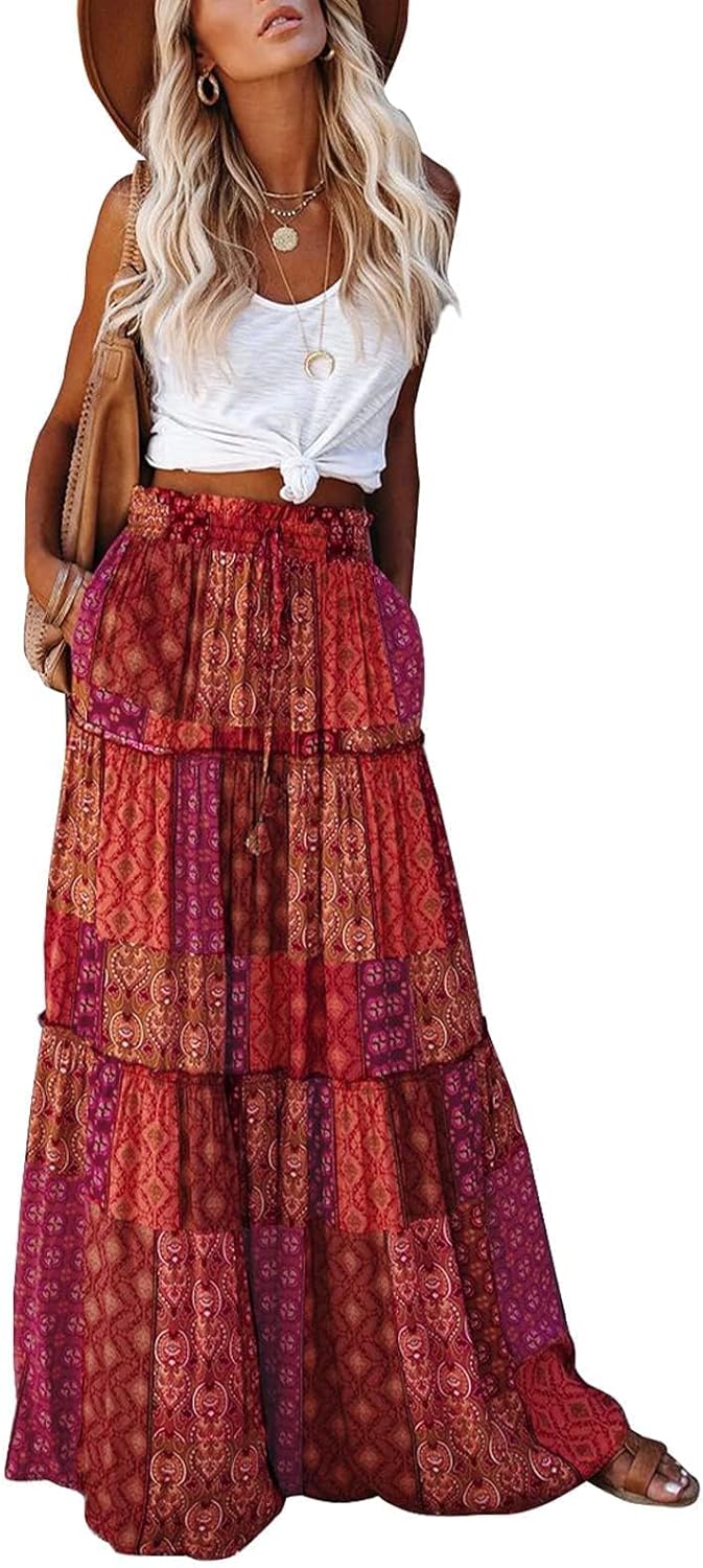 Manufacturer  EARKOHA Womens Casual High Waist Tie Paisley Print Long Maxi Skirt with Pockets skirts