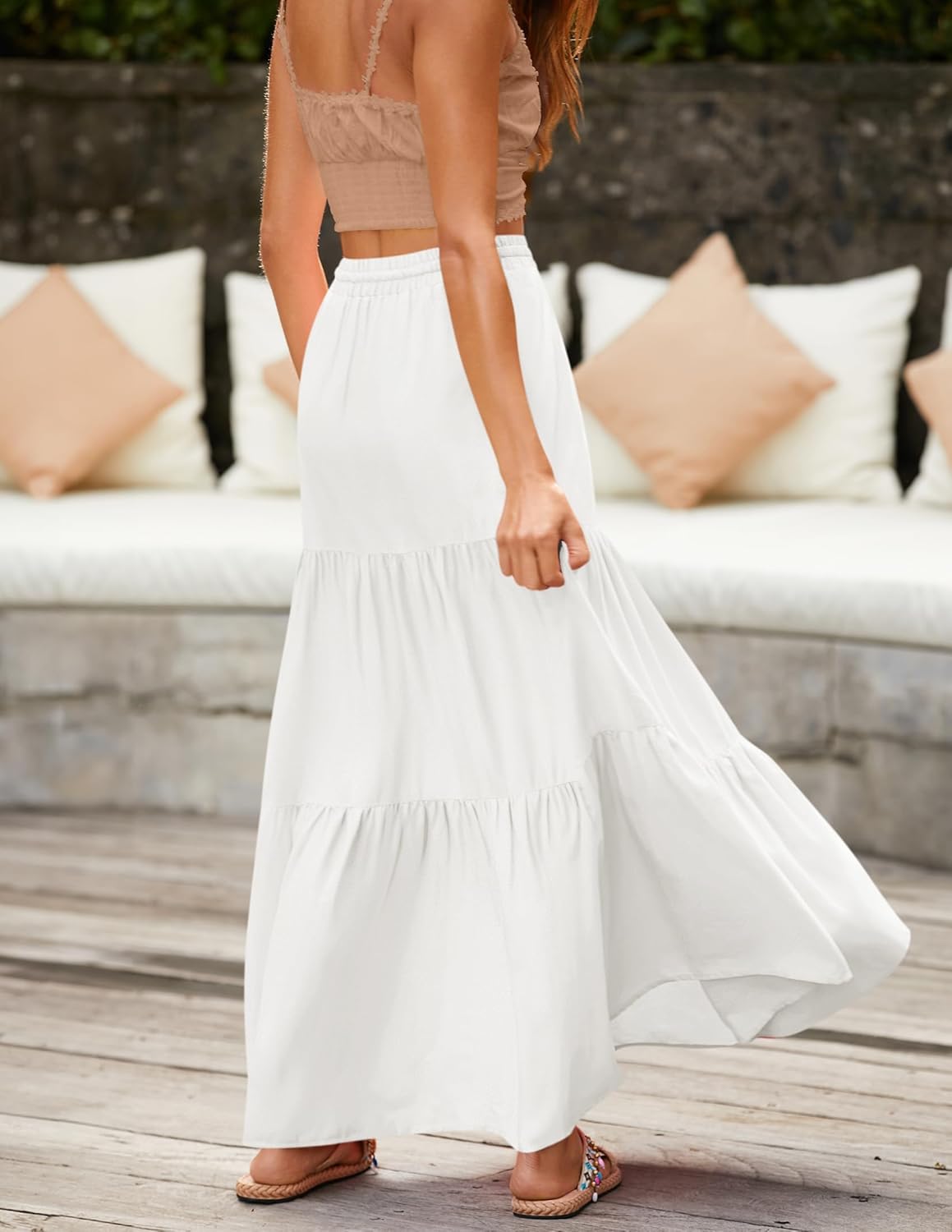 Manufacturer  HAEOF Women's Summer Boho Maxi Skirt A-Line Flowy Ruffle Tiered Elastic High Waist Beach Long Skirts with Pockets