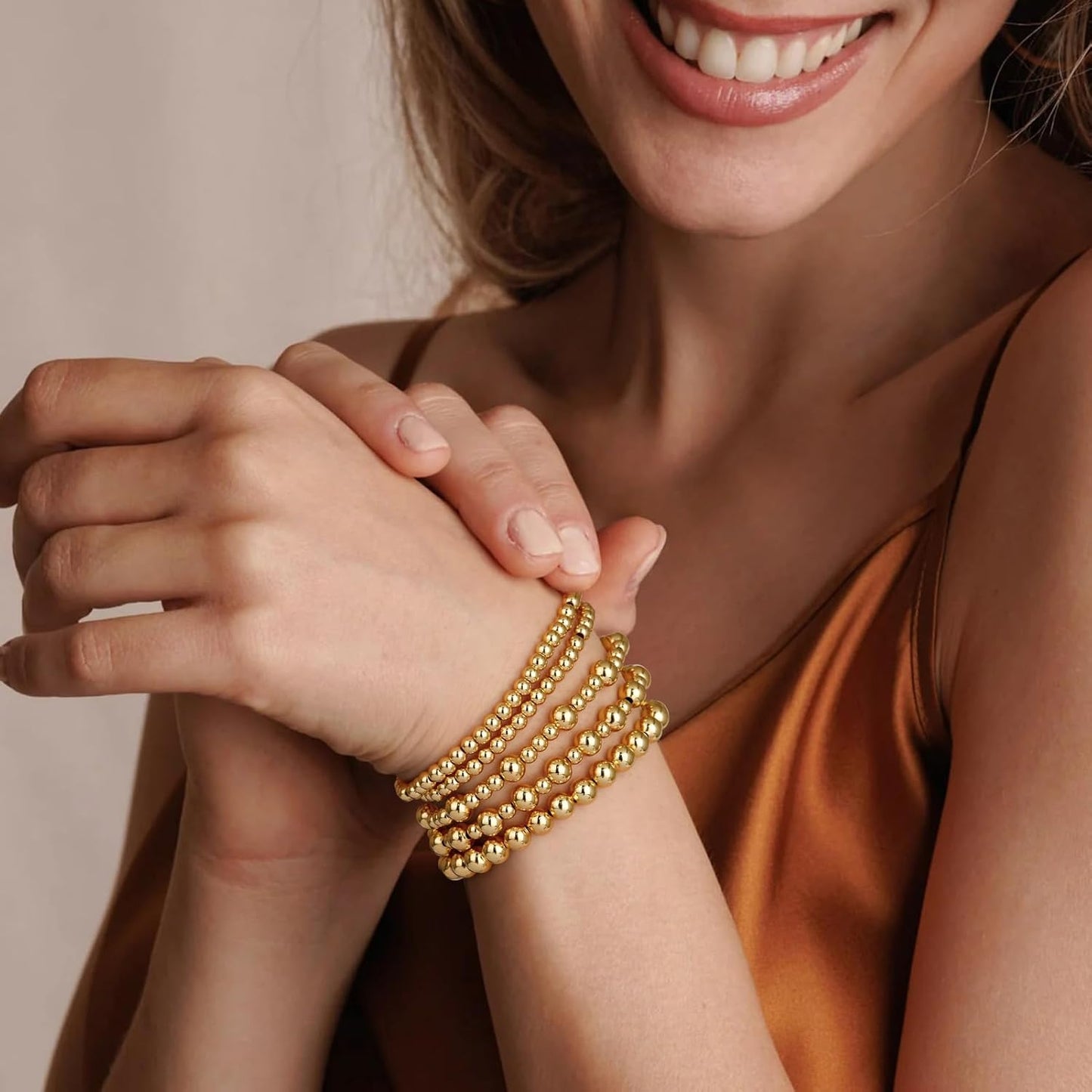 Manufacturer  adoyi Gold Bracelets for Women Waterproof, 14K Gold Plated Beaded Strand Bead Ball Bracelets stack Adjustable Jewelry Set for Gifts  bracelets