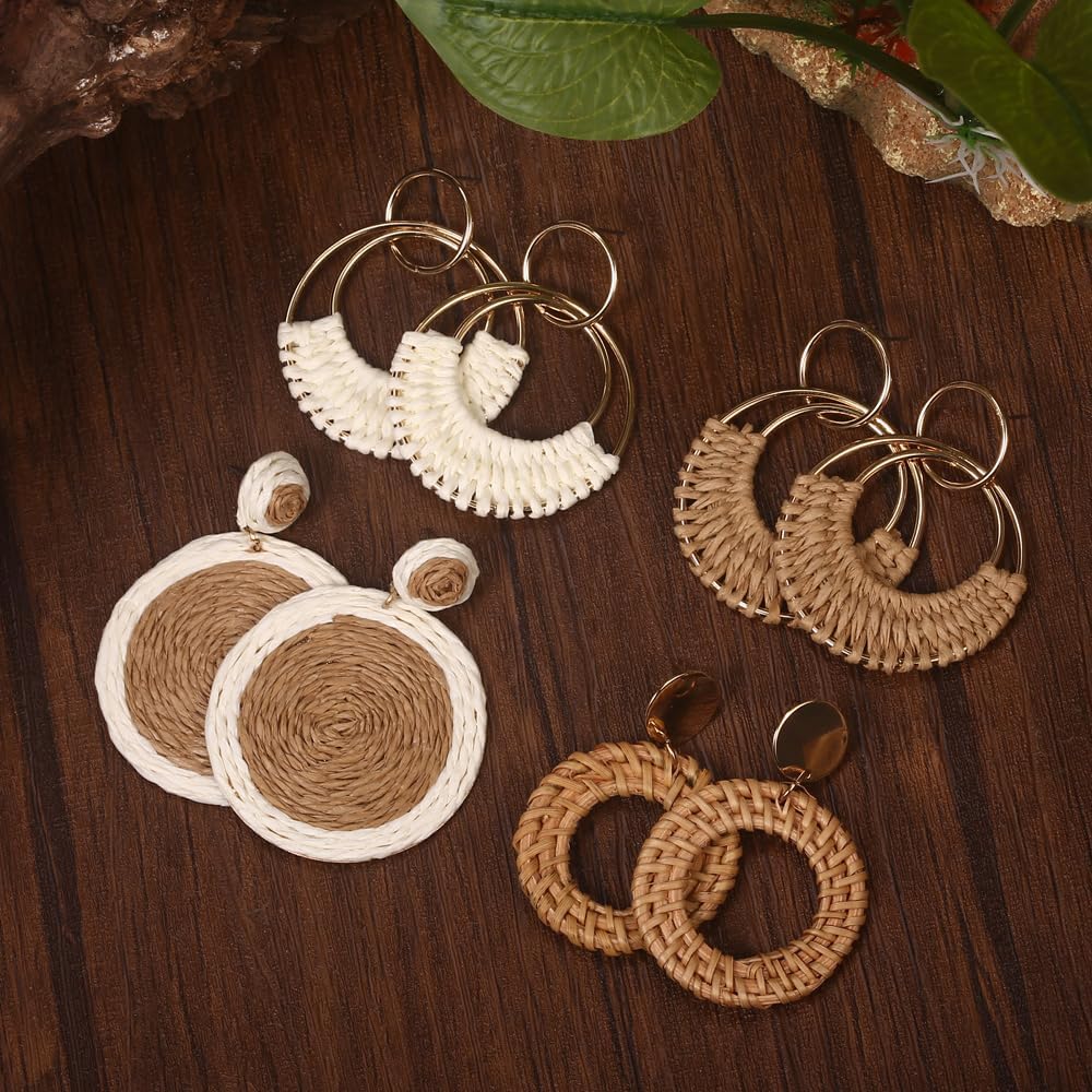 Manufacturer  4 Pairs Handmade Raffia Rattan Bohemian Round Drop Dangle Earrings for Women, Boho Statement Cute Fun Hoop Earrings Set  earring