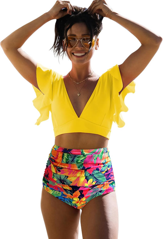 Manufacturer  SPORLIKE Women Ruffle High Waist Swimsuit Two Pieces Push Up Tropical Print Bikini  Swimsuit