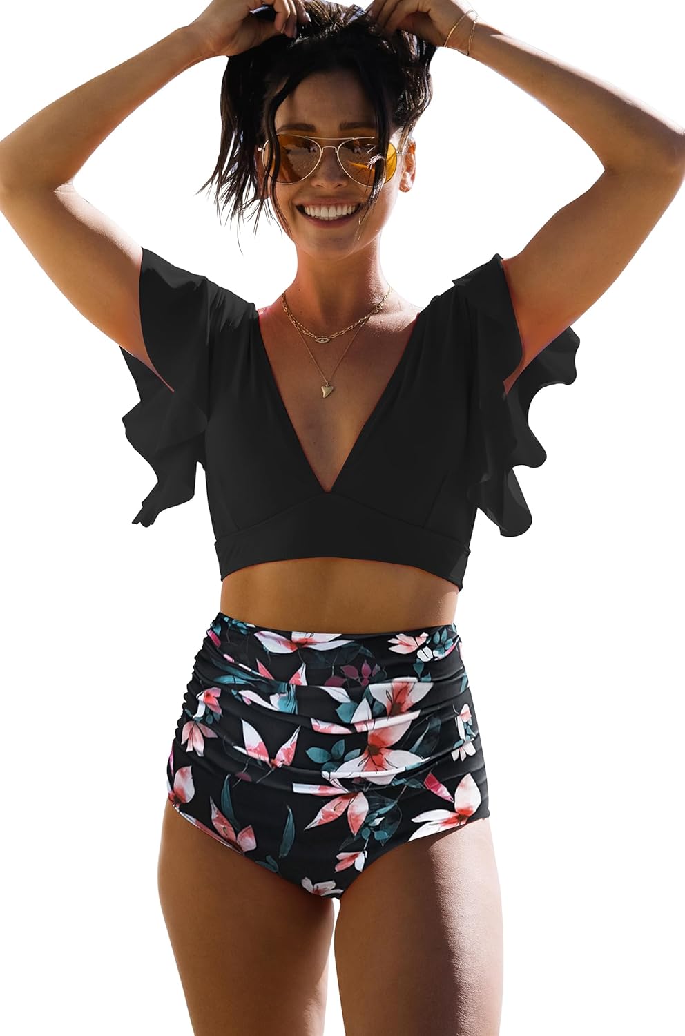 Manufacturer  SPORLIKE Women Ruffle High Waist Swimsuit Two Pieces Push Up Tropical Print Bikini  Swimsuit