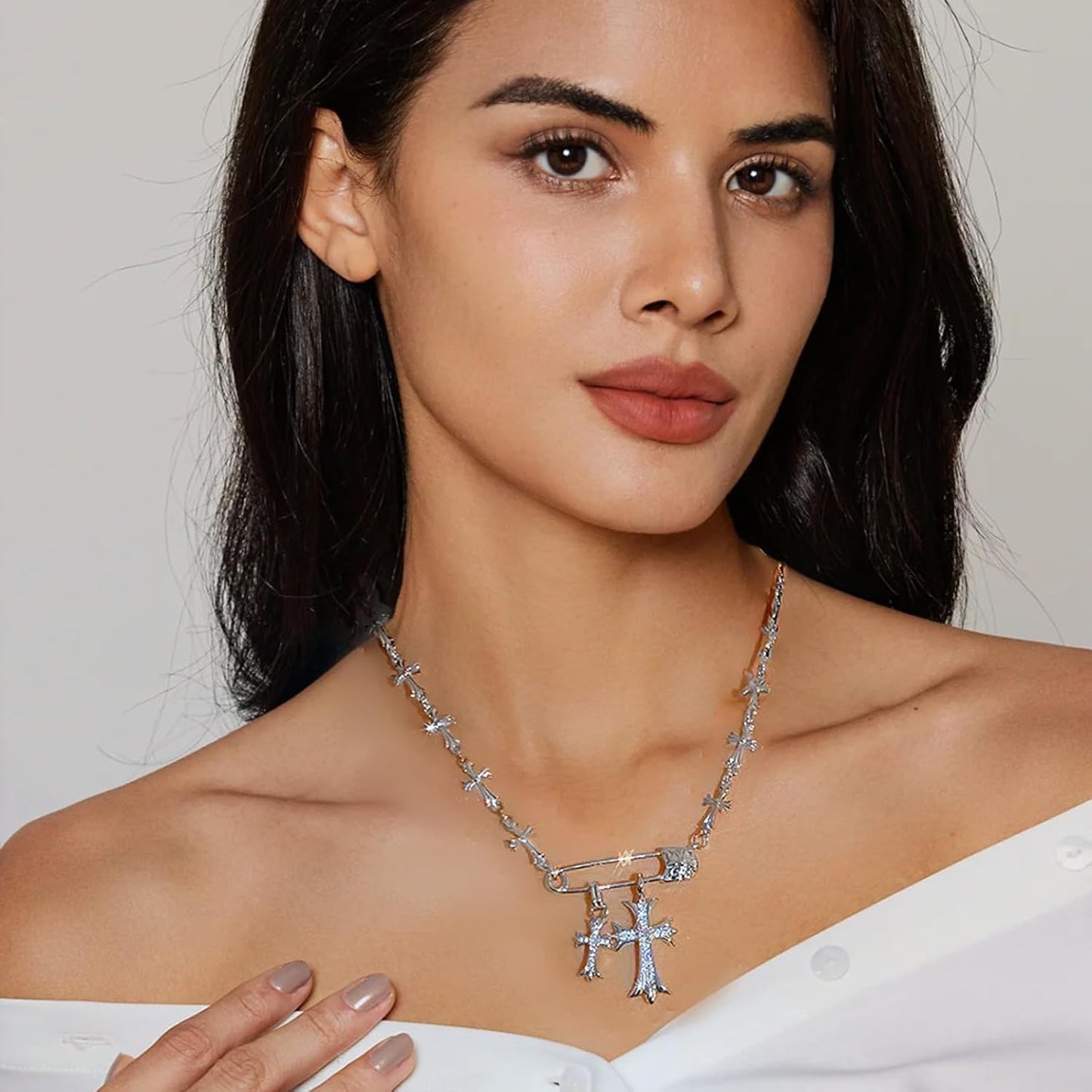Manufacturer  Silver Cross Necklaces for Women Y2K Safety Pin Gothic Cross Cubic Zirconia Pendant Necklace, Aesthetic Necklace Punk Goth Jewelry for Women Men  necklace